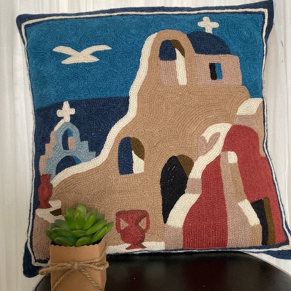 Vtg 90’s Handmade needle wool crafted Cushion Greek scenery art Size 15.5”x15.5” - Picture 7 of 13